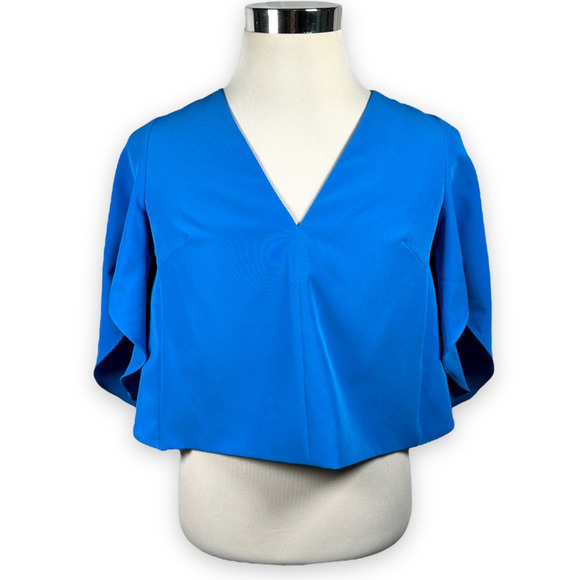 Milly Top Blouse Blue Womens Small Cropped 3/4 Sleeve Flare V Neck Pullover USA - Picture 1 of 10